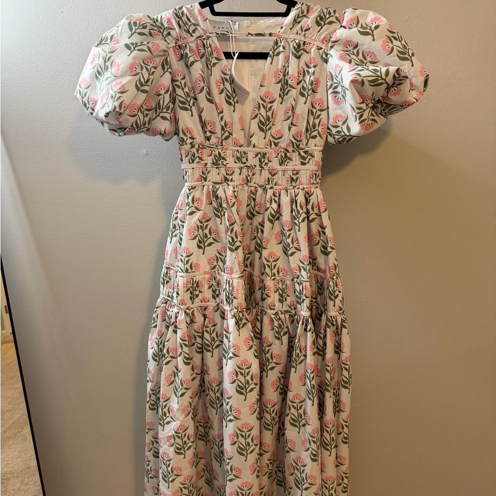 Puff-Sleeve Floral Maxi Dress in Pink and Cream